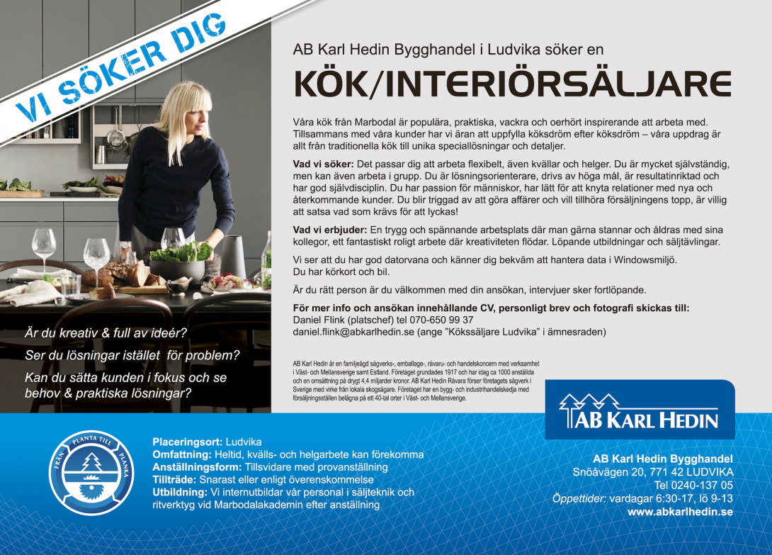 Ledig tjänst | Interiör/Kökssäljare Ludvika Ledig tjänst | Interiör/Kökssäljare Ludvika